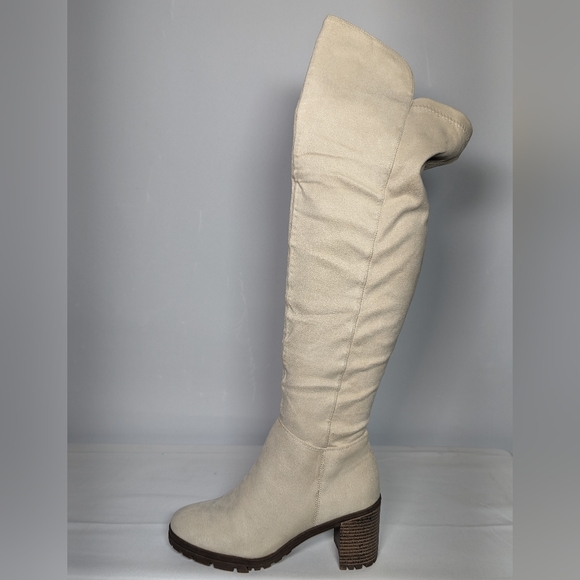 NEW Coutgo Womens Faux Suede Over Knee High Block Winter Style boot Sz 8.5 cream - Picture 3 of 4
